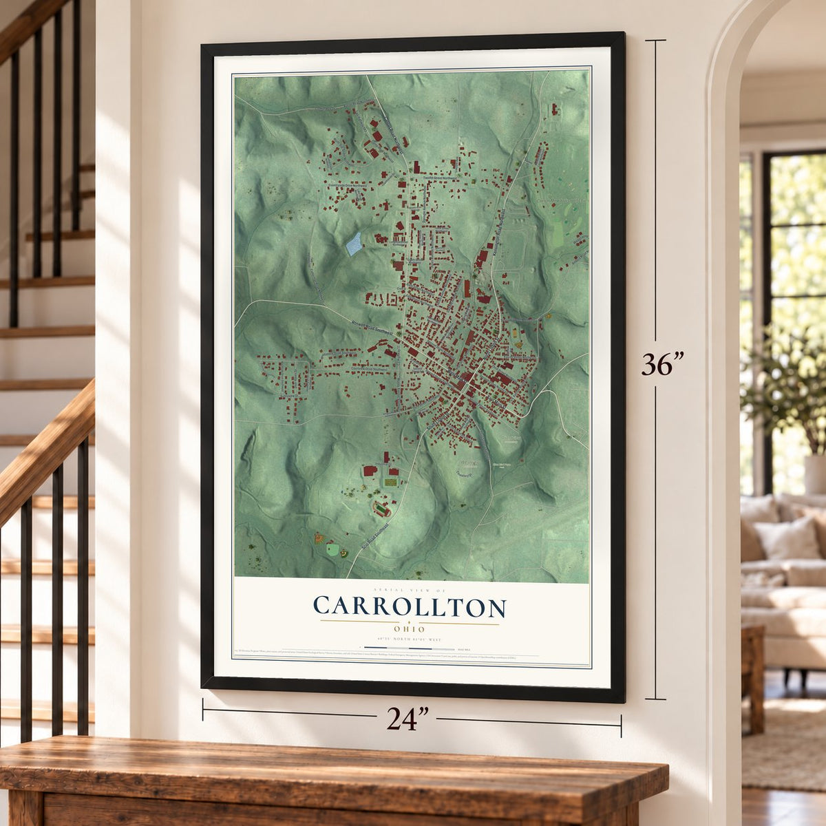 Carrollton, Ohio map, 24 x 36 inch print in a black frame by a staircase