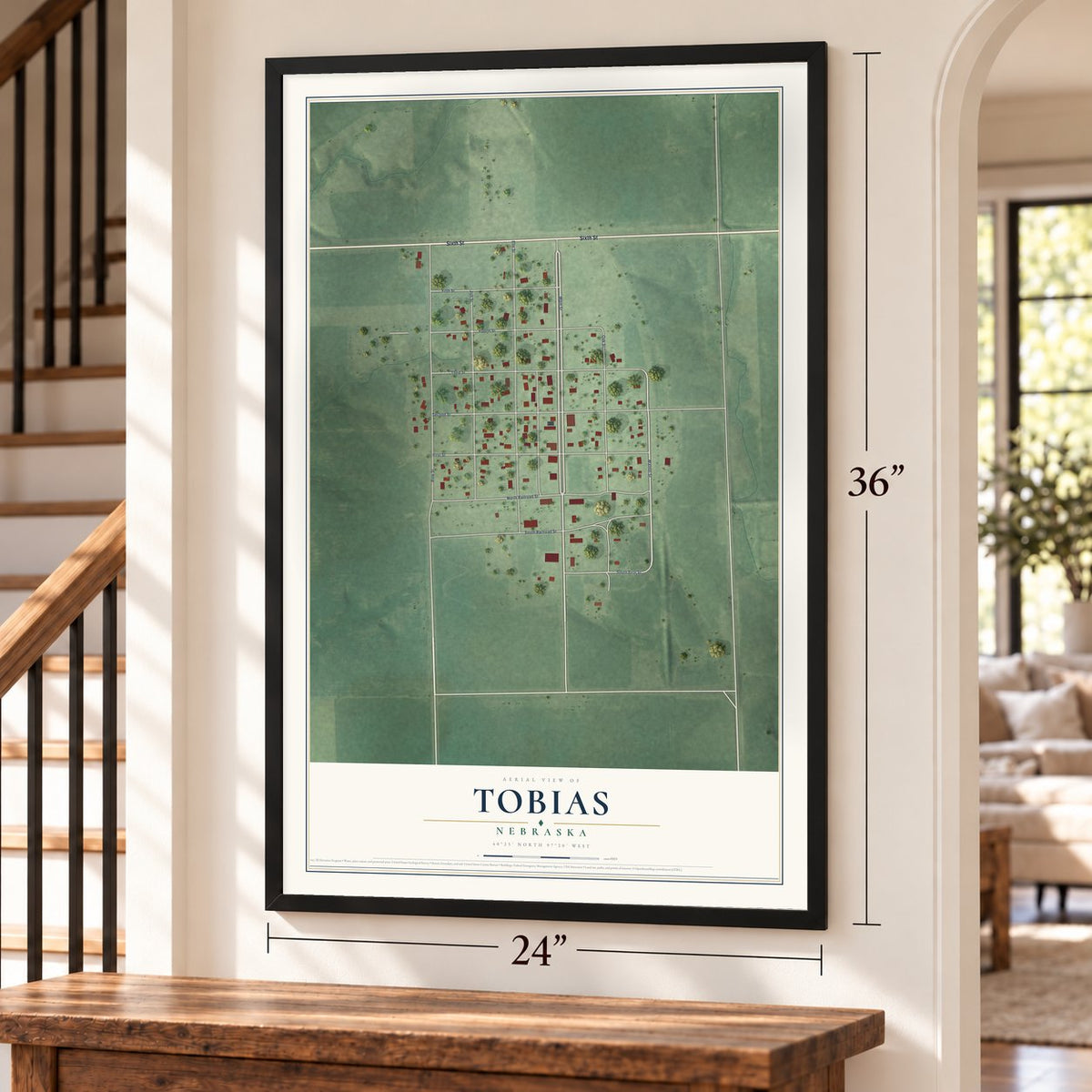 Tobias, Nebraska map, 24 x 36 inch print in a black frame by a staircase