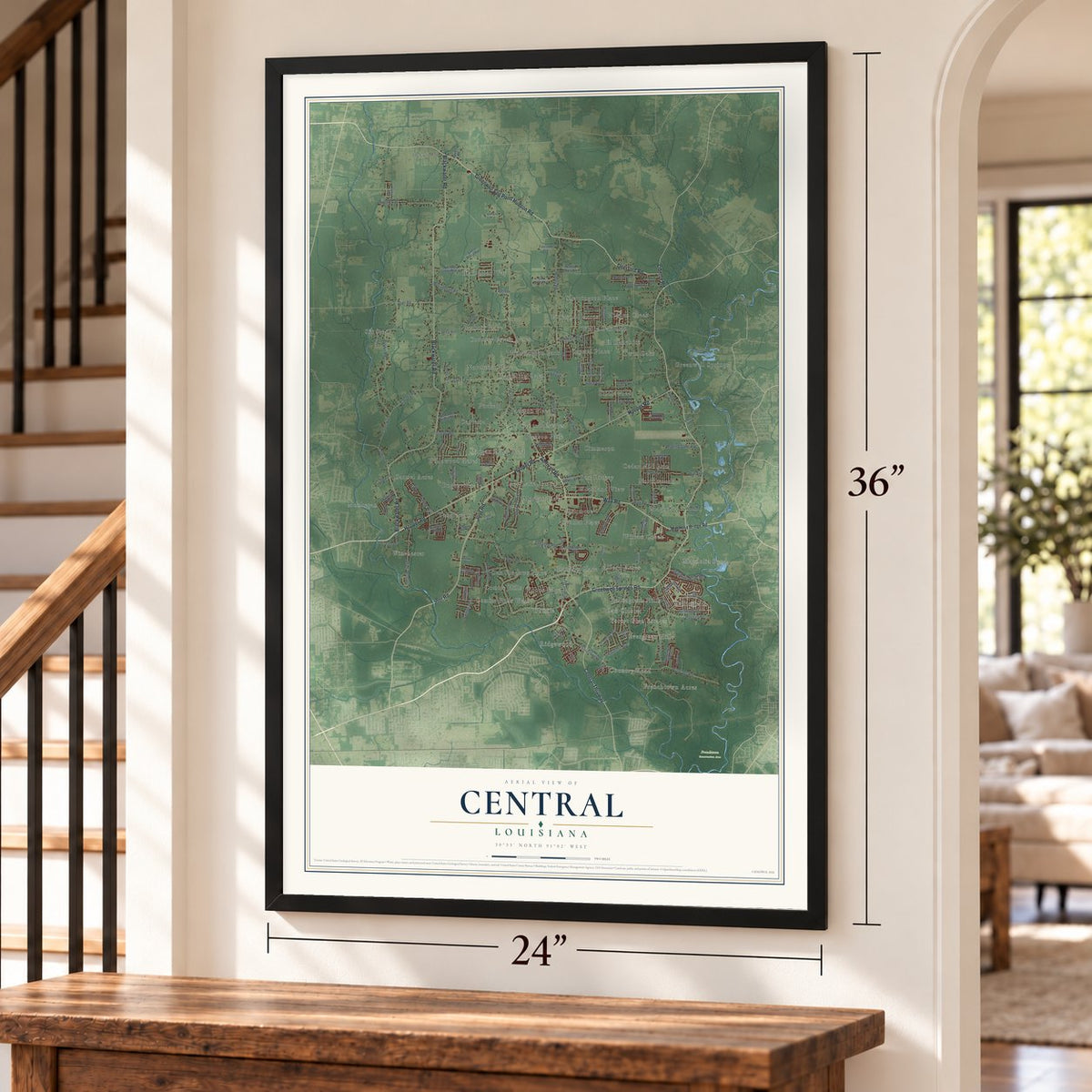 Central, Louisiana map, 24 x 36 inch print in a black frame by a staircase