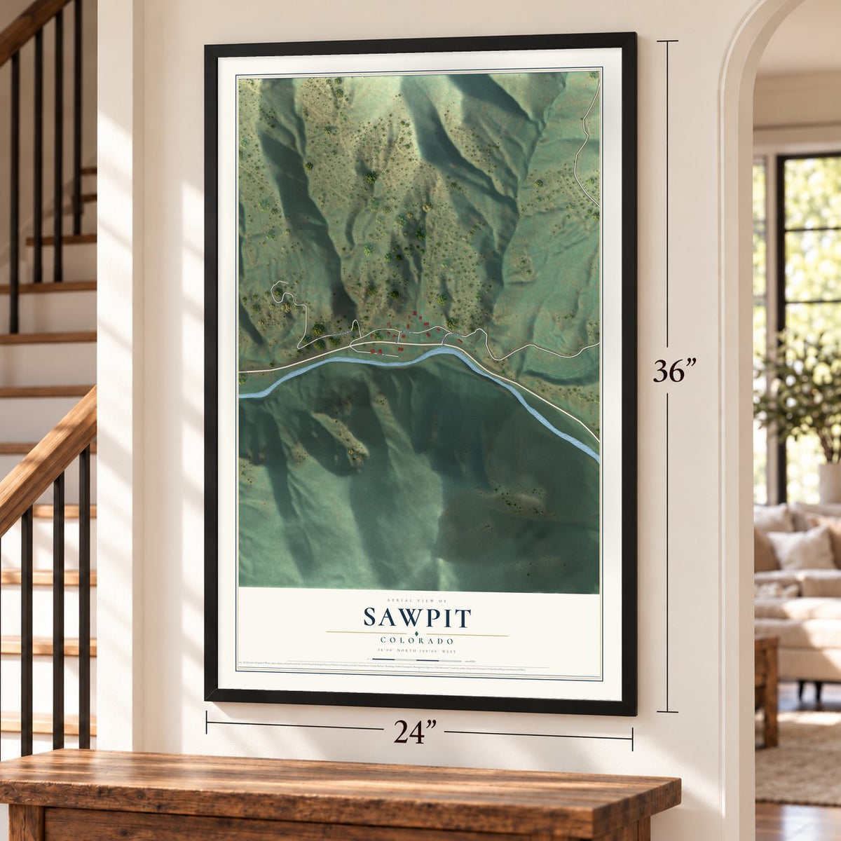 Sawpit, Colorado map, 24 x 36 inch print in a black frame by a staircase