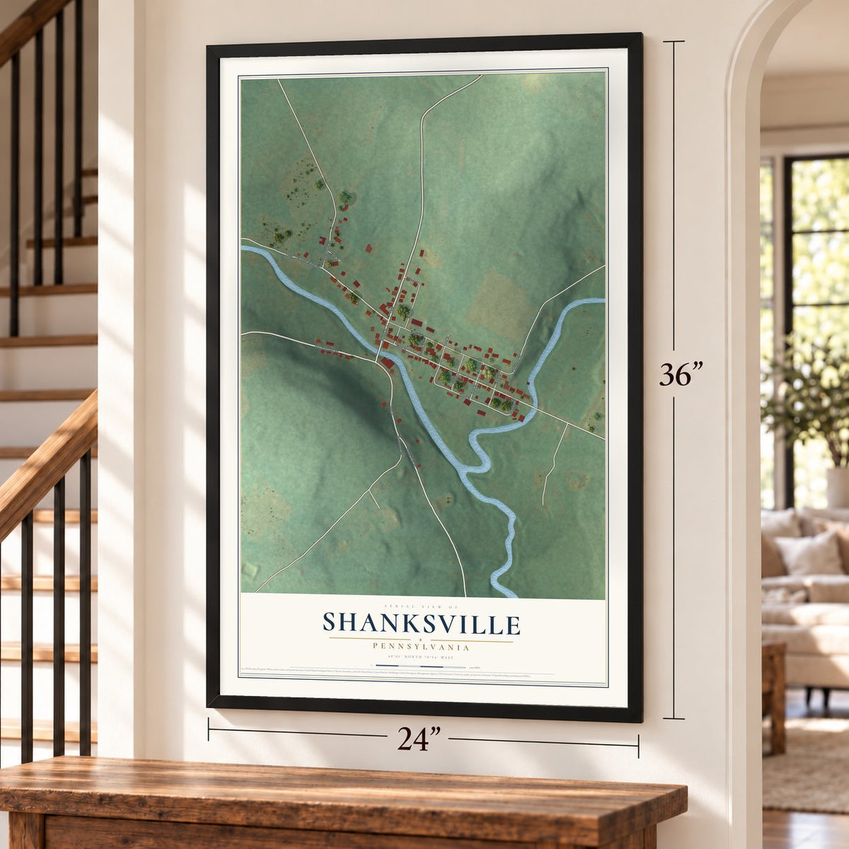 Shanksville, Pennsylvania map, 24 x 36 inch print in a black frame by a staircase
