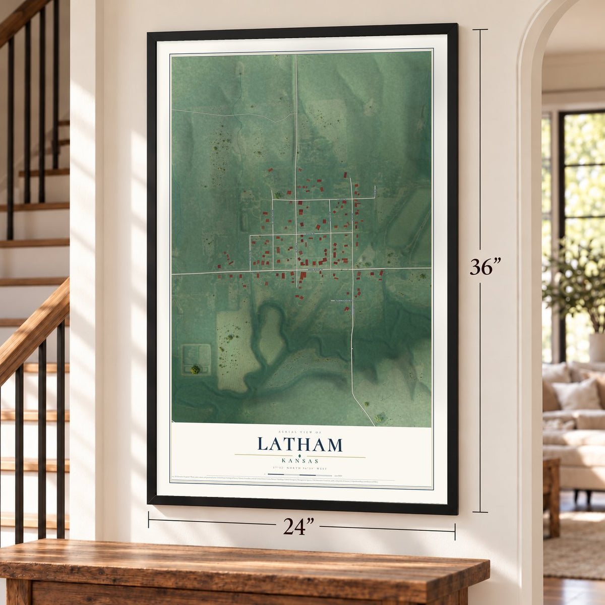 Latham, Kansas map, 24 x 36 inch print in a black frame by a staircase