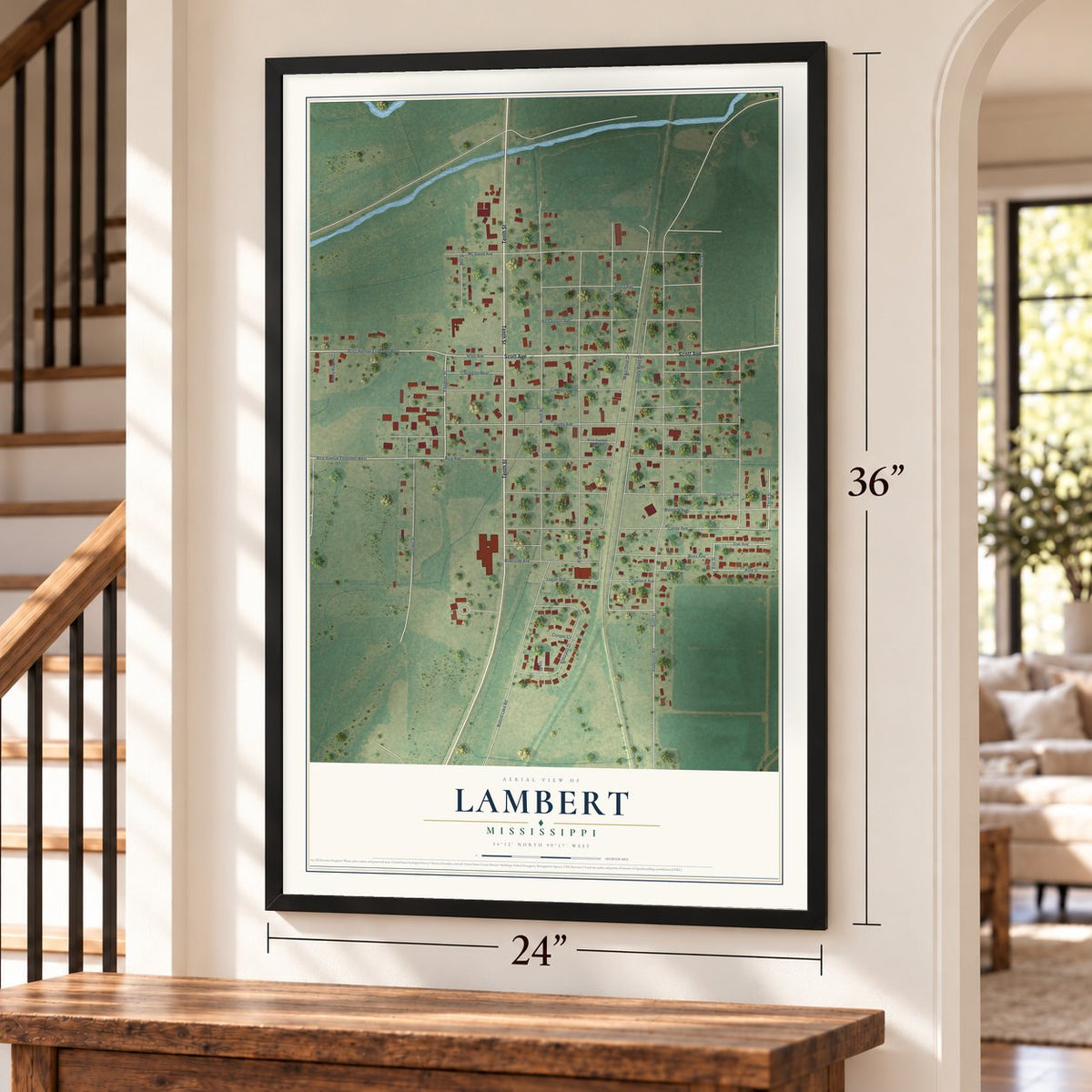 Lambert, Mississippi map, 24 x 36 inch print in a black frame by a staircase