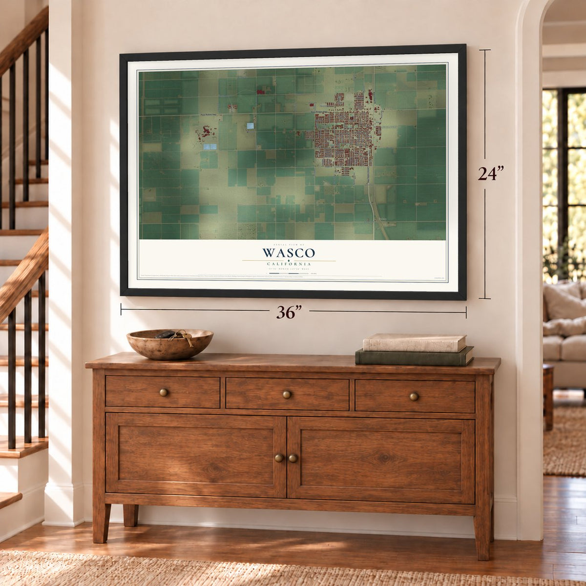 Wasco, California map, 24 x 36 inch print in a black frame above a dresser by a staircase