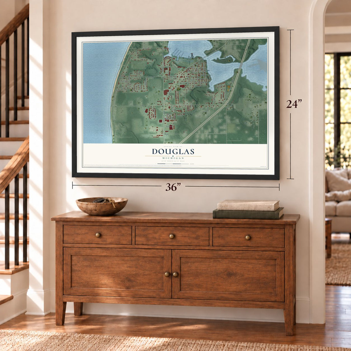 Douglas, Michigan map, 24 x 36 inch print in a black frame above a dresser by a staircase