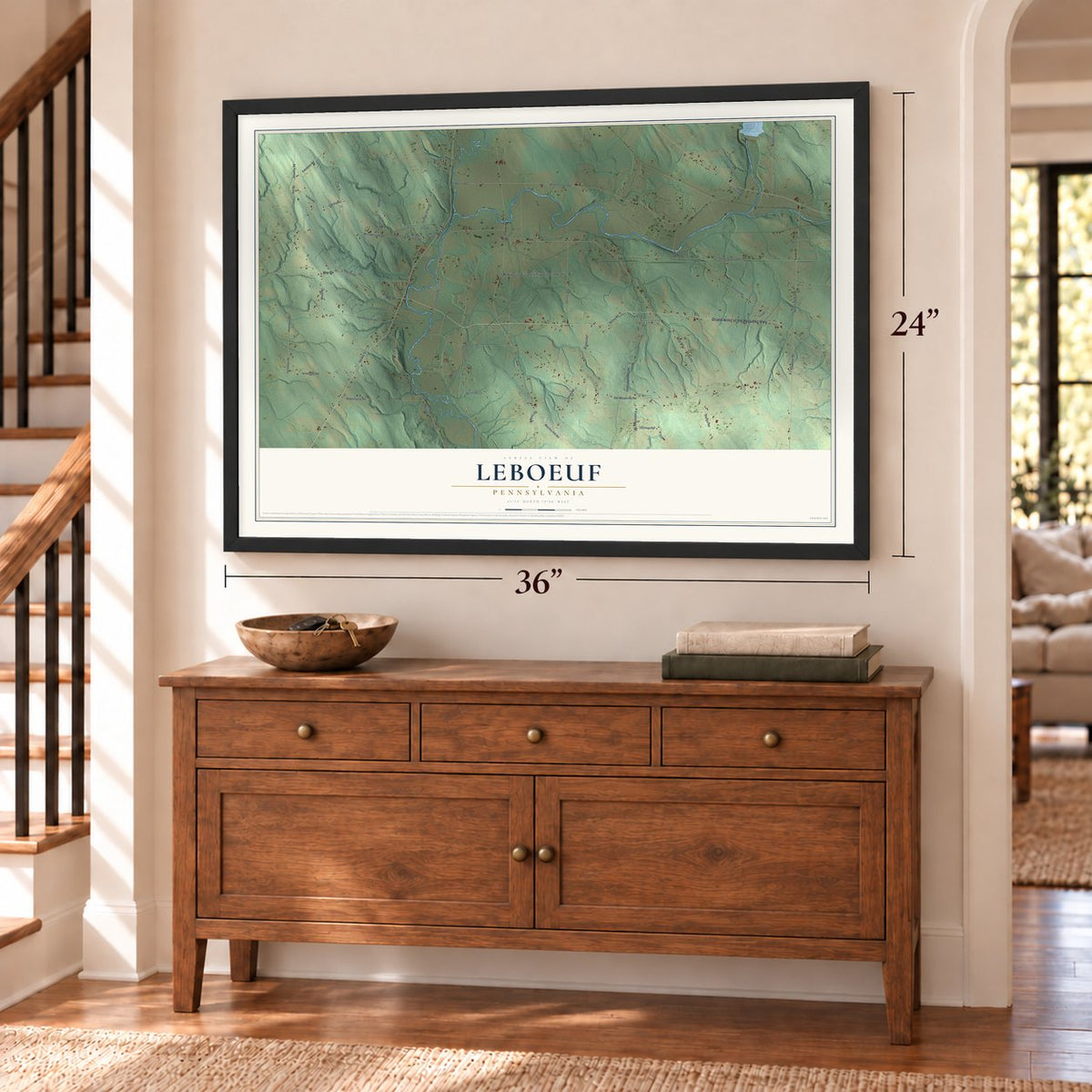 LeBoeuf, Pennsylvania map, 24 x 36 inch print in a black frame above a dresser by a staircase