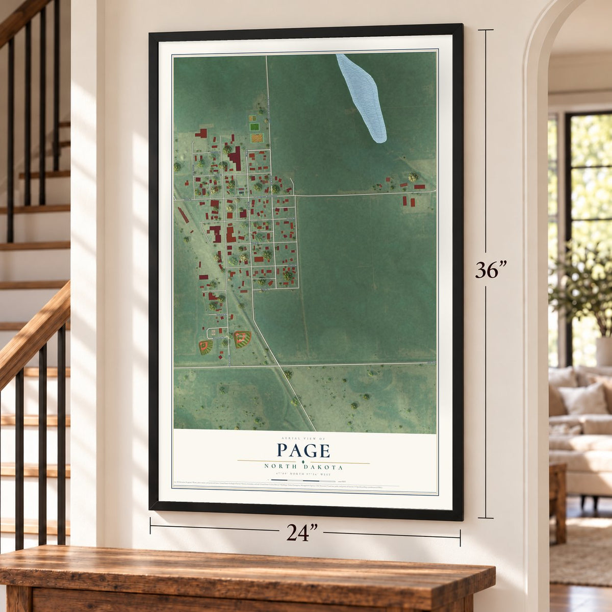 Page, North Dakota map, 24 x 36 inch print in a black frame by a staircase