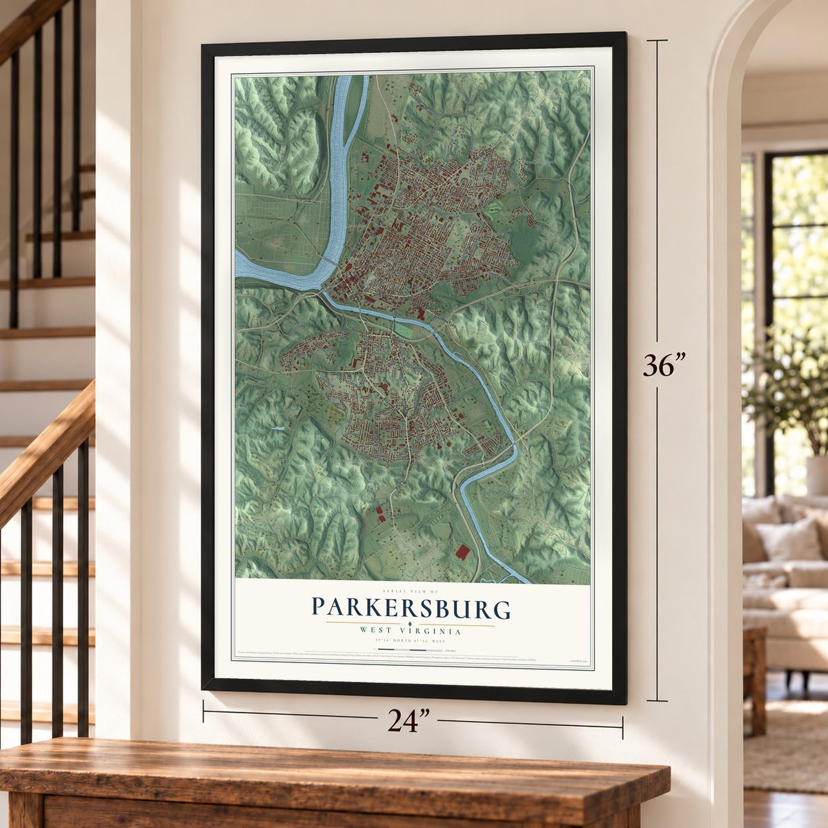 Parkersburg, West Virginia map, 24 x 36 inch print in a black frame by a staircase