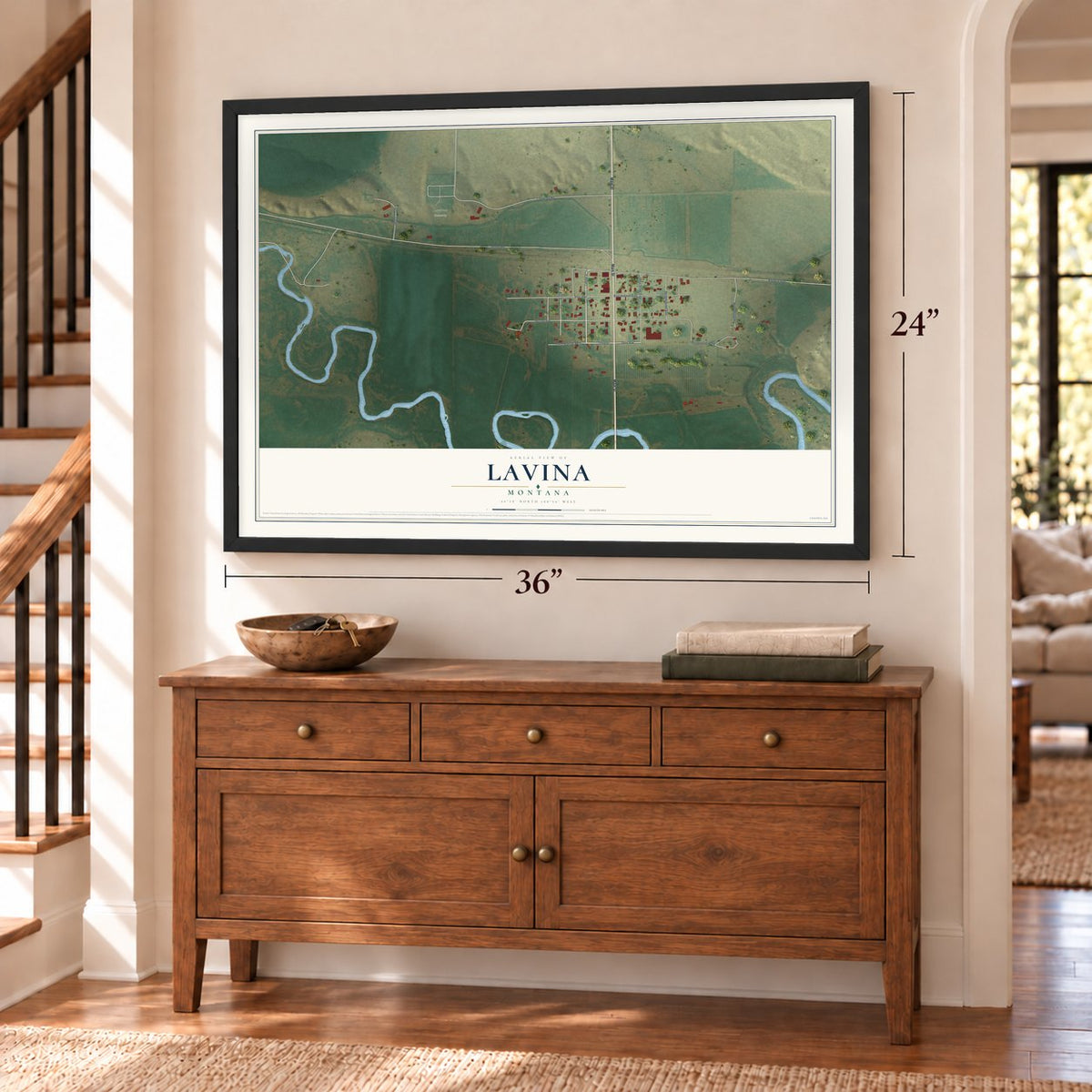 Lavina, Montana map, 24 x 36 inch print in a black frame above a dresser by a staircase