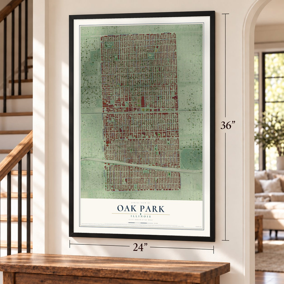 Oak Park, Illinois map, 24 x 36 inch print in a black frame by a staircase