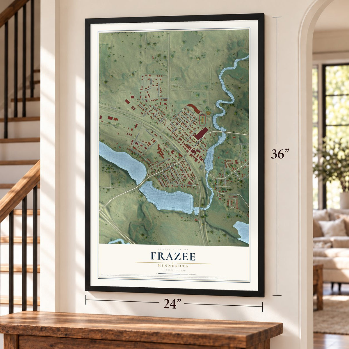 Frazee, Minnesota map, 24 x 36 inch print in a black frame by a staircase