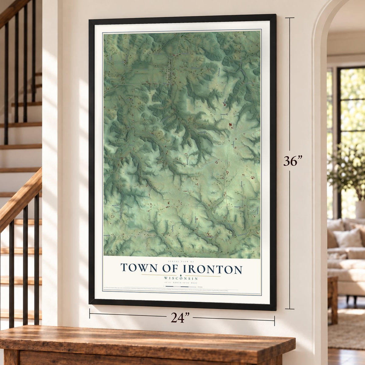 Town of Ironton, Wisconsin map, 24 x 36 inch print in a black frame by a staircase