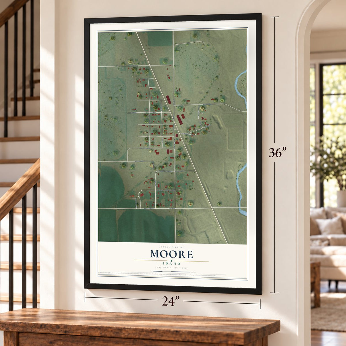 Moore, Idaho map, 24 x 36 inch print in a black frame by a staircase