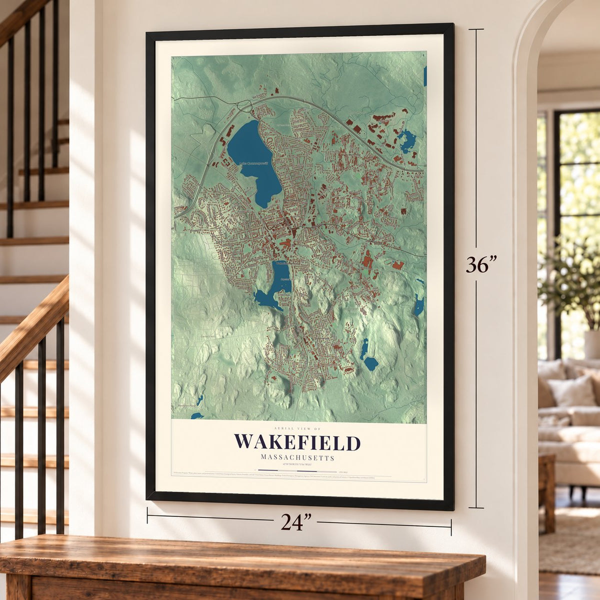 Wakefield, Massachusetts map, 24 x 36 inch print in a black frame by a staircase