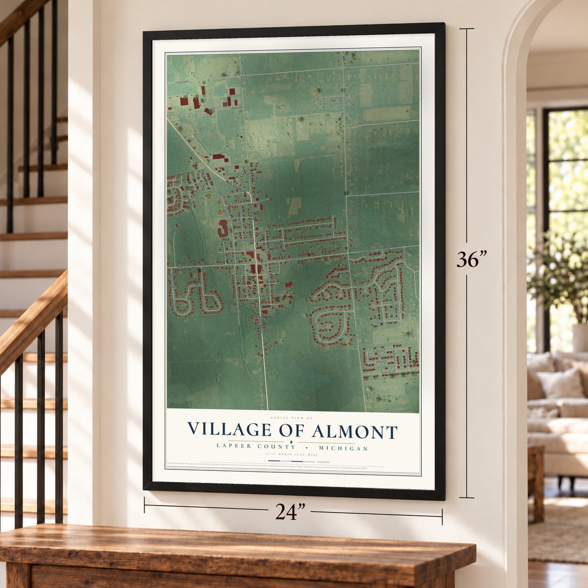 Almont, Michigan map, 24 x 36 inch print in a black frame by a staircase