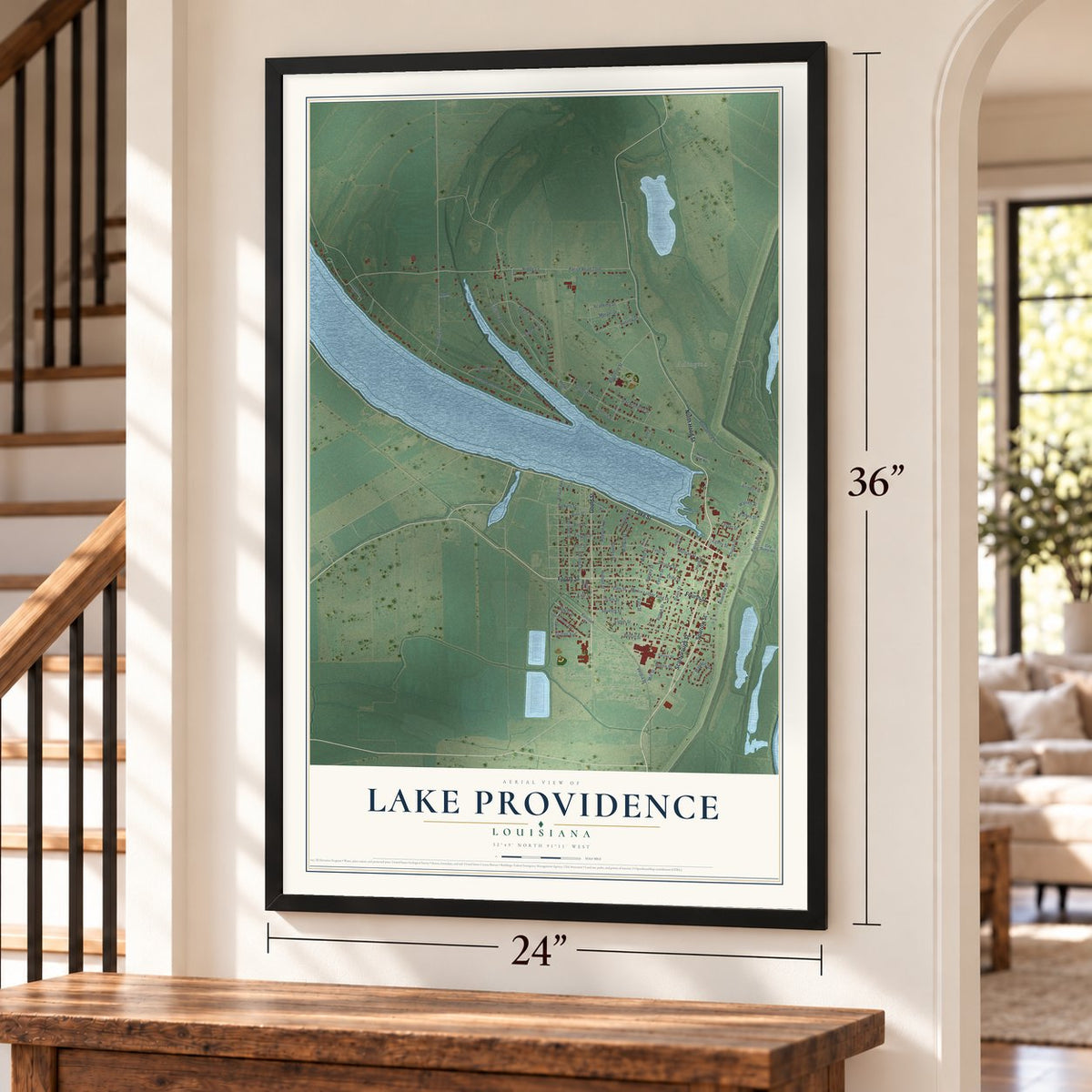 Lake Providence, Louisiana map, 24 x 36 inch print in a black frame by a staircase