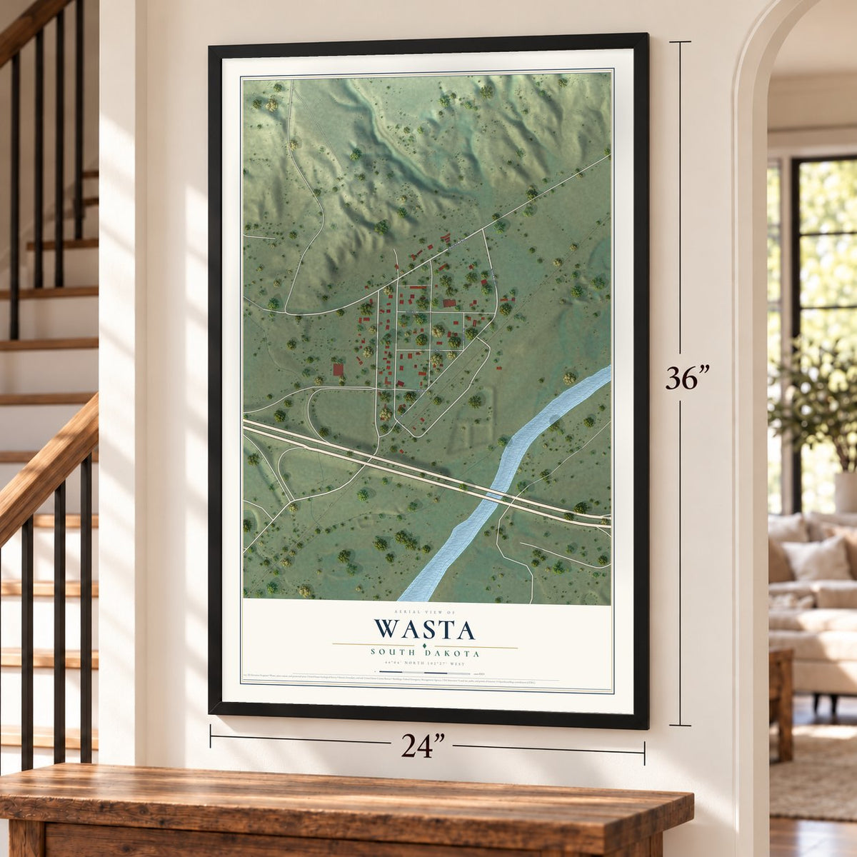 Wasta, South Dakota map, 24 x 36 inch print in a black frame by a staircase