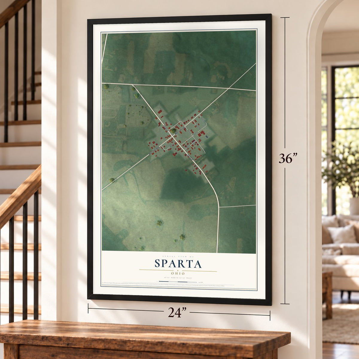 Sparta, Ohio map, 24 x 36 inch print in a black frame by a staircase