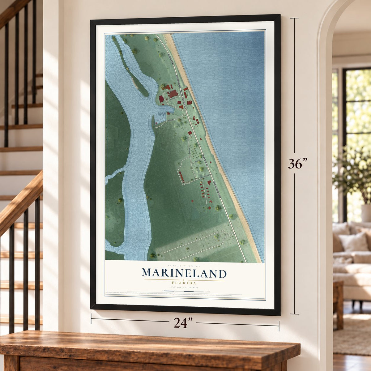 Marineland, Florida map, 24 x 36 inch print in a black frame by a staircase