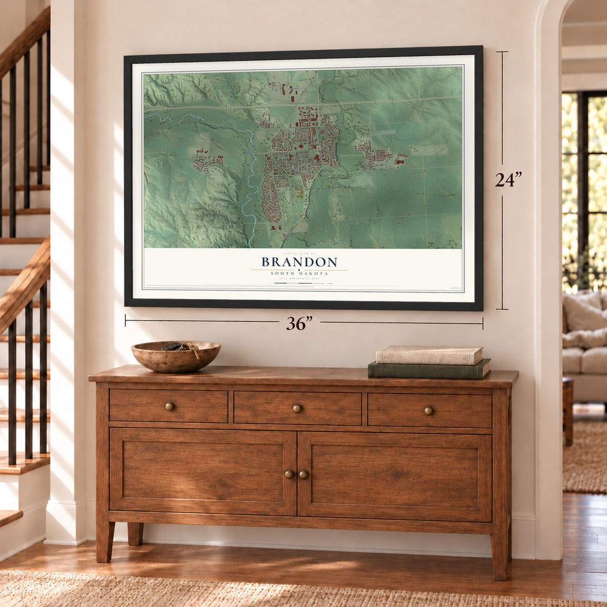 Brandon, South Dakota map, 24 x 36 inch print in a black frame above a dresser by a staircase