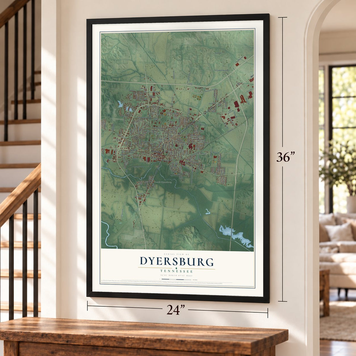 Dyersburg, Tennessee map, 24 x 36 inch print in a black frame by a staircase