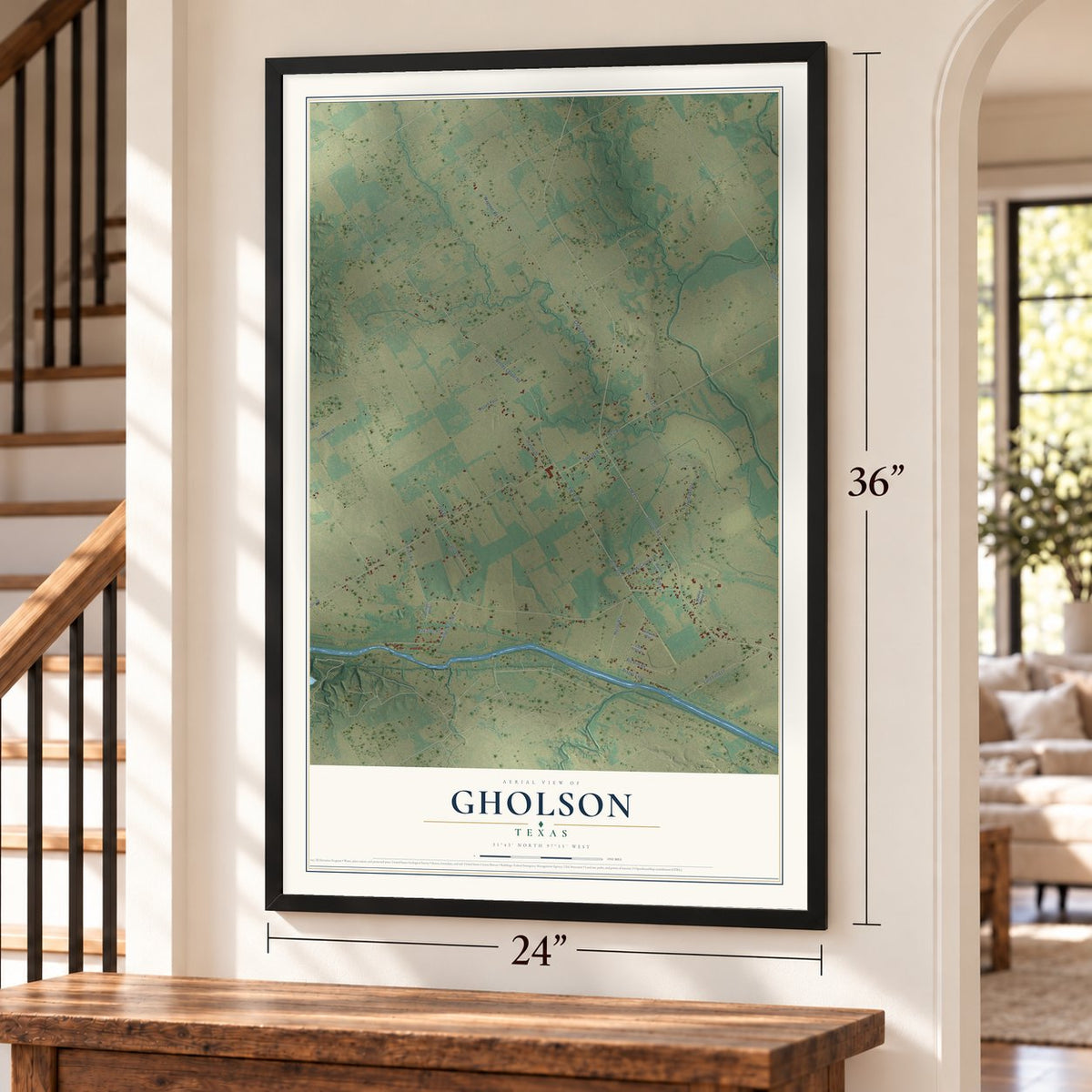 Gholson, Texas map, 24 x 36 inch print in a black frame by a staircase