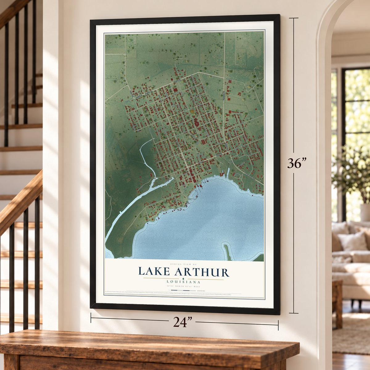 Lake Arthur, Louisiana map, 24 x 36 inch print in a black frame by a staircase