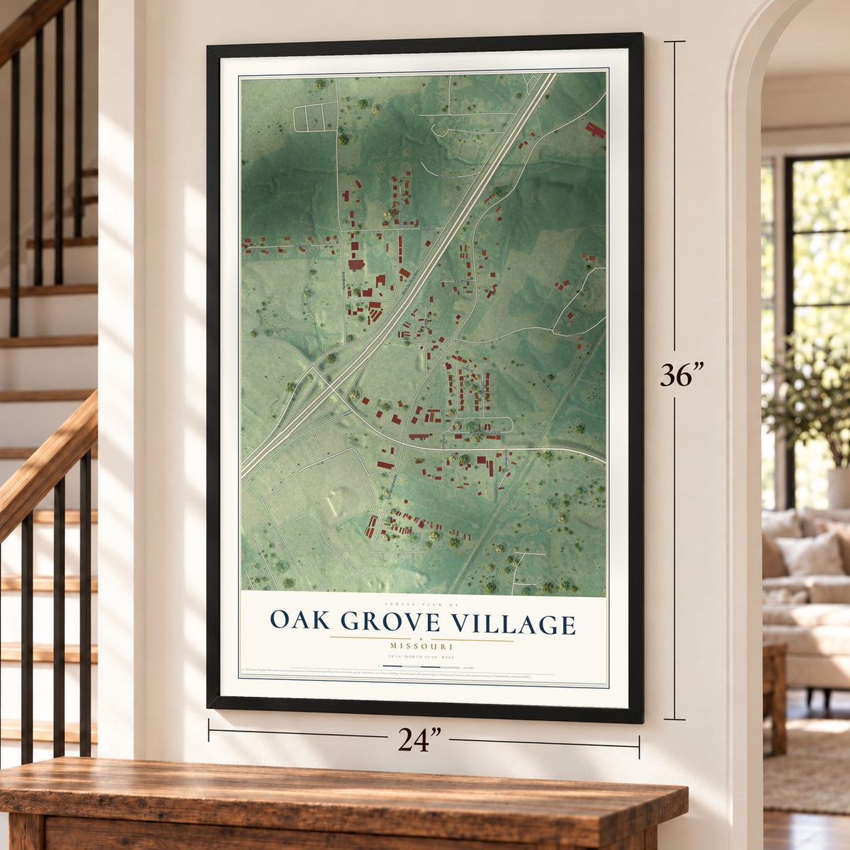 Oak Grove Village, Missouri map, 24 x 36 inch print in a black frame by a staircase