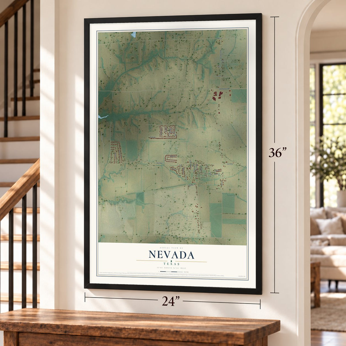 Nevada, Texas map, 24 x 36 inch print in a black frame by a staircase