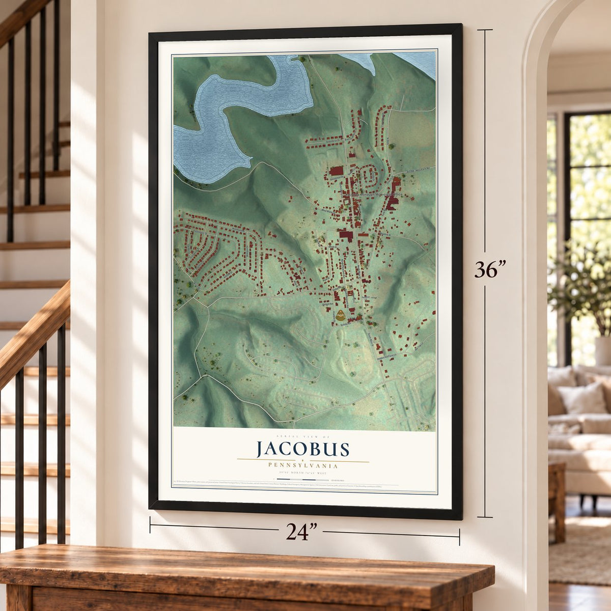 Jacobus, Pennsylvania map, 24 x 36 inch print in a black frame by a staircase
