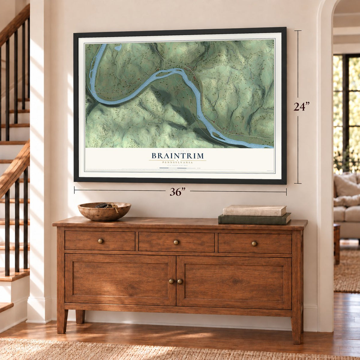Braintrim, Pennsylvania map, 24 x 36 inch print in a black frame above a dresser by a staircase