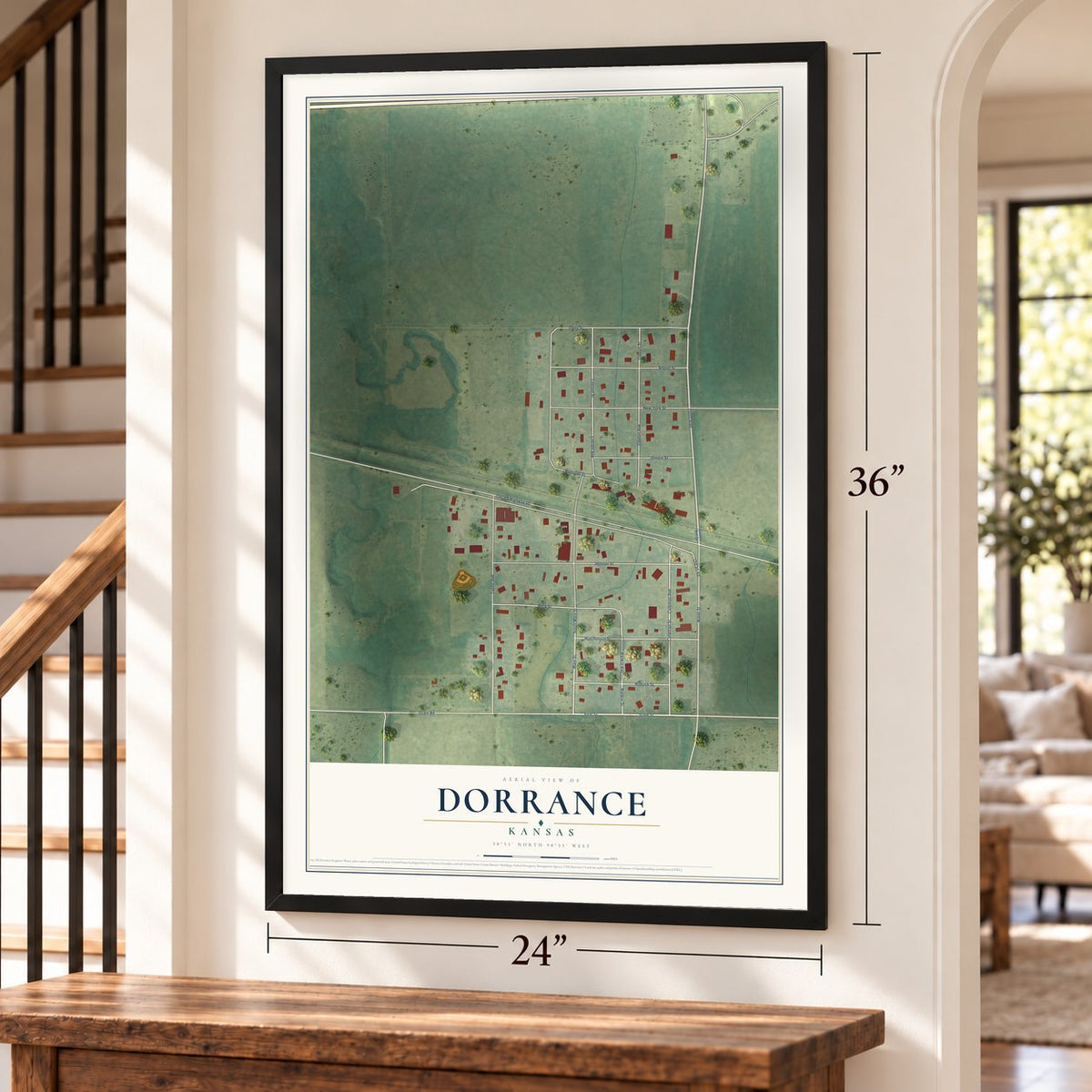 Dorrance, Kansas map, 24 x 36 inch print in a black frame by a staircase