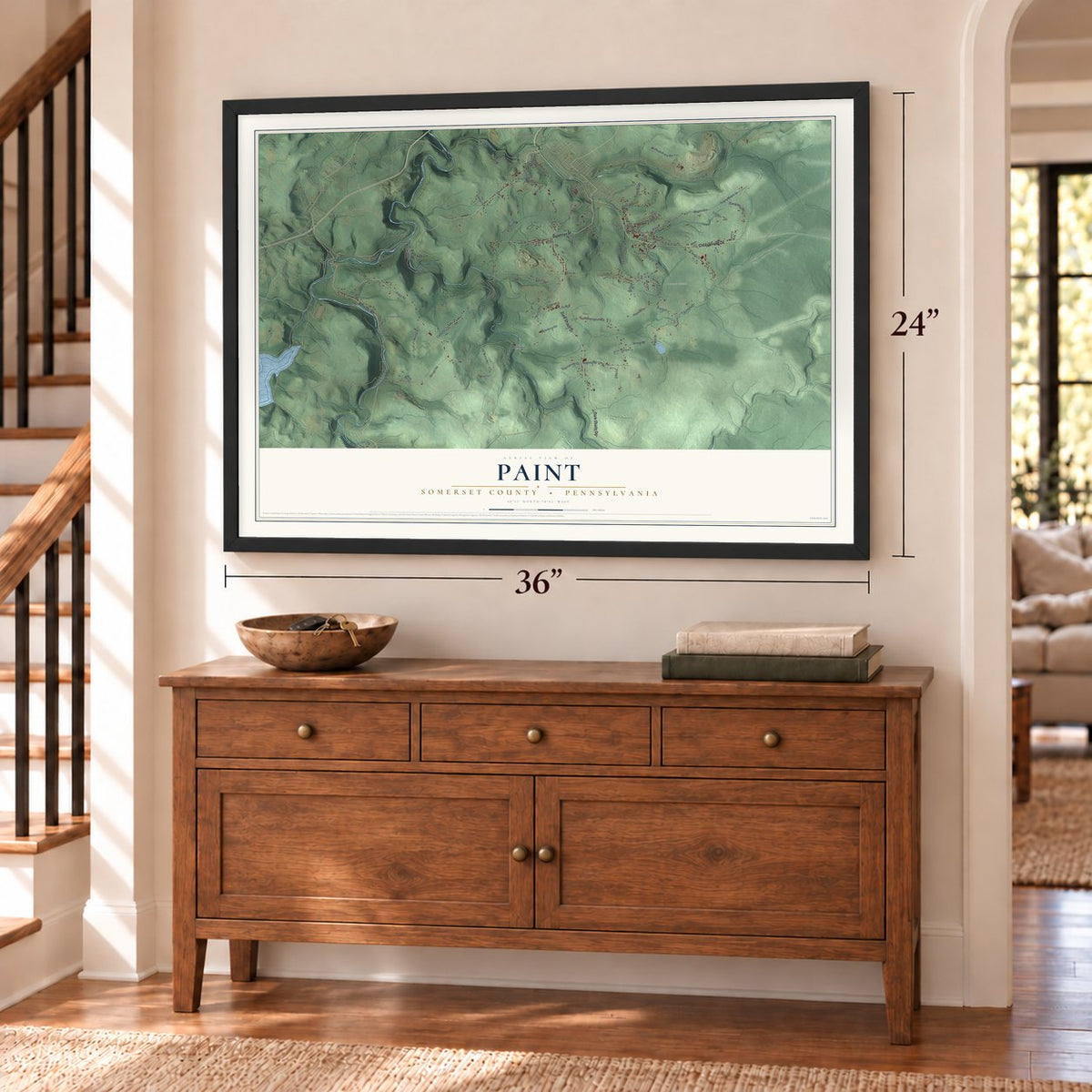 Paint, Somerset County, Pennsylvania map, 24 x 36 inch print in a black frame above a dresser by a staircase