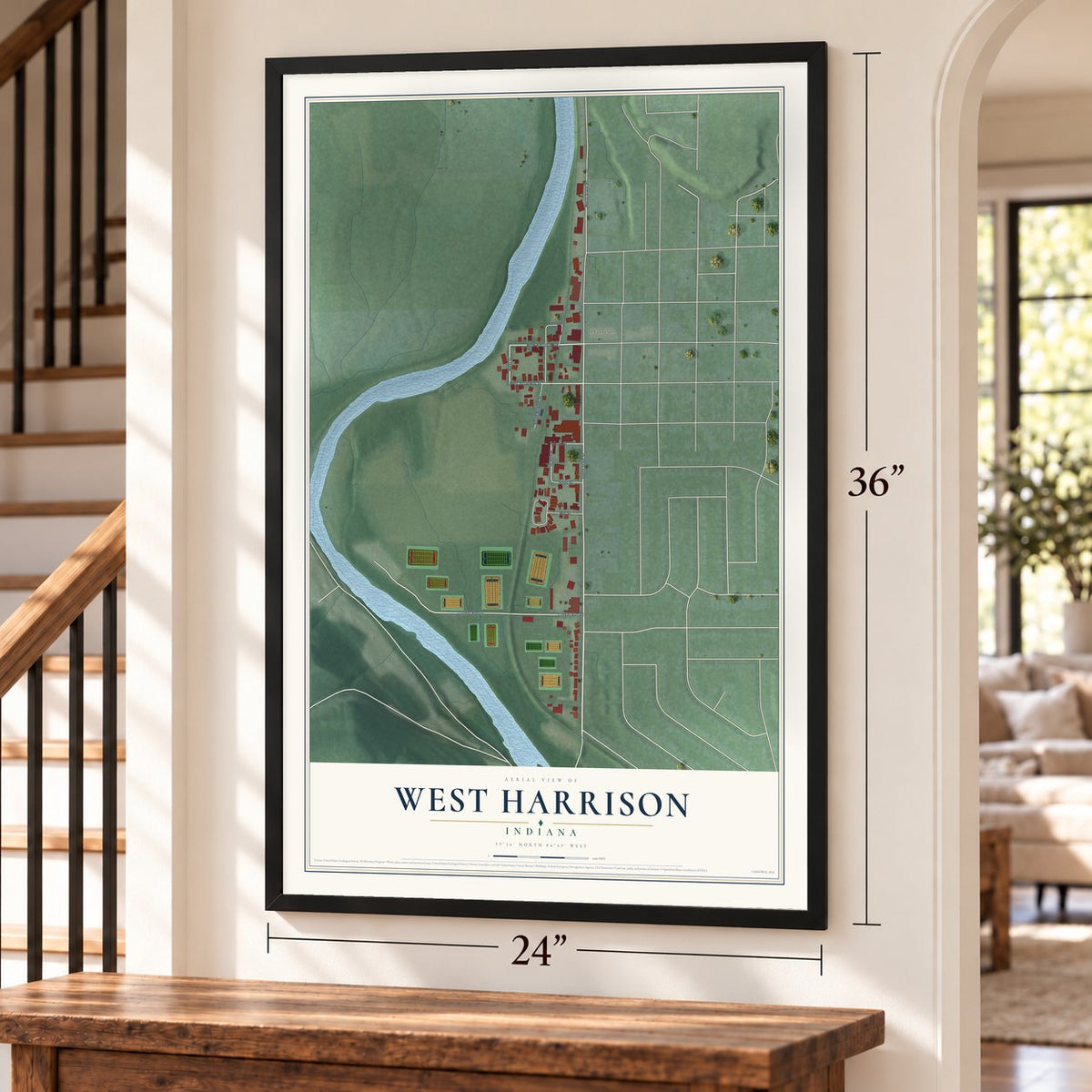 West Harrison, Indiana map, 24 x 36 inch print in a black frame by a staircase