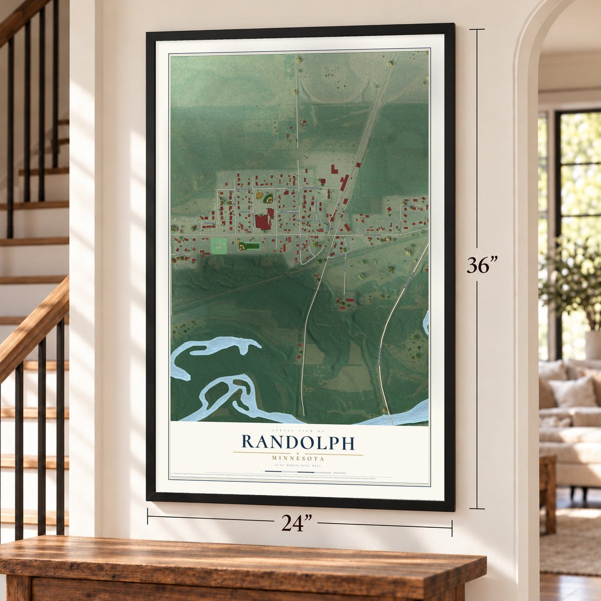 Randolph, Minnesota map, 24 x 36 inch print in a black frame by a staircase
