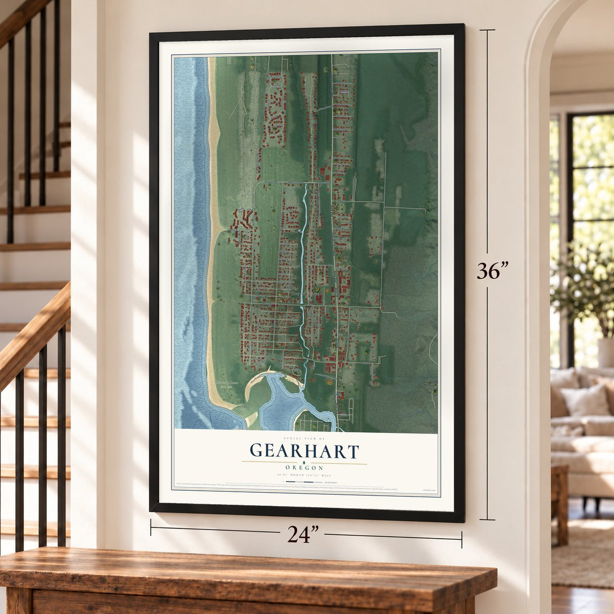 Gearhart, Oregon map, 24 x 36 inch print in a black frame by a staircase