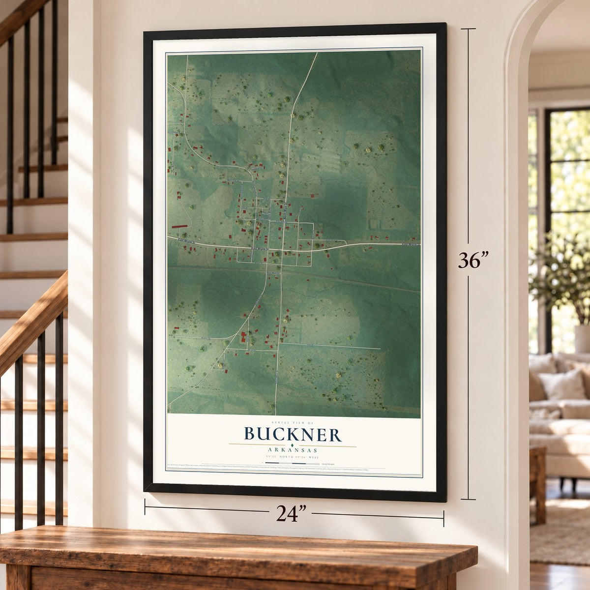 Buckner, Arkansas map, 24 x 36 inch print in a black frame by a staircase