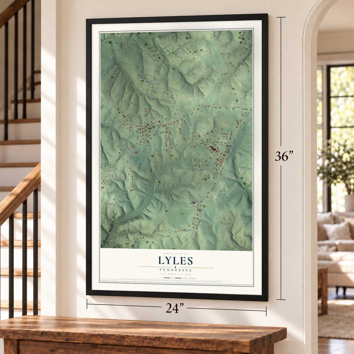 Lyles, Tennessee map, 24 x 36 inch print in a black frame by a staircase