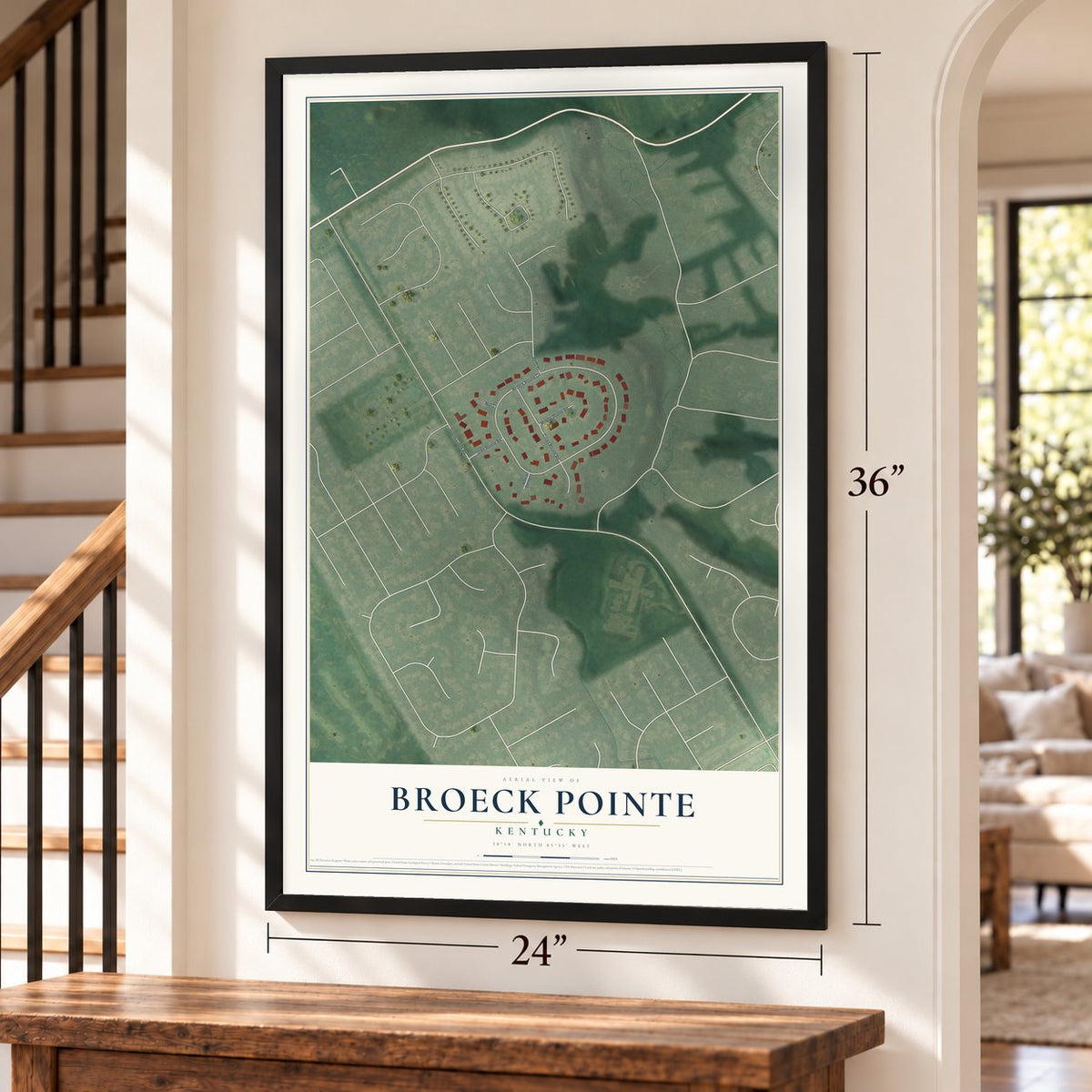 Broeck Pointe, Kentucky map, 24 x 36 inch print in a black frame by a staircase