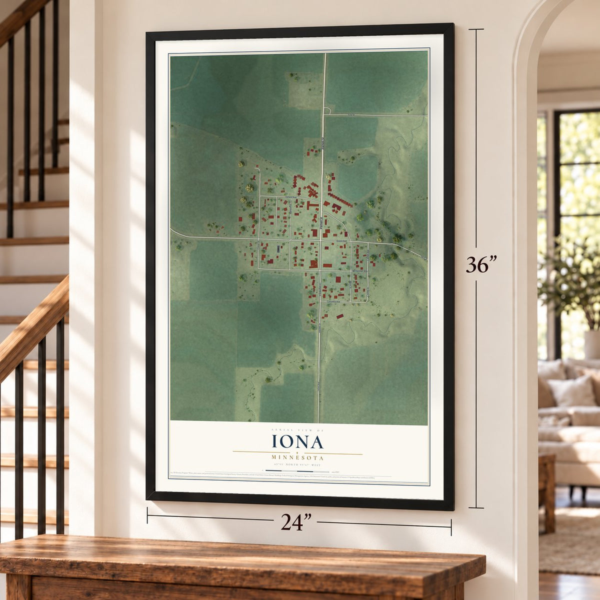 Iona, Minnesota map, 24 x 36 inch print in a black frame by a staircase