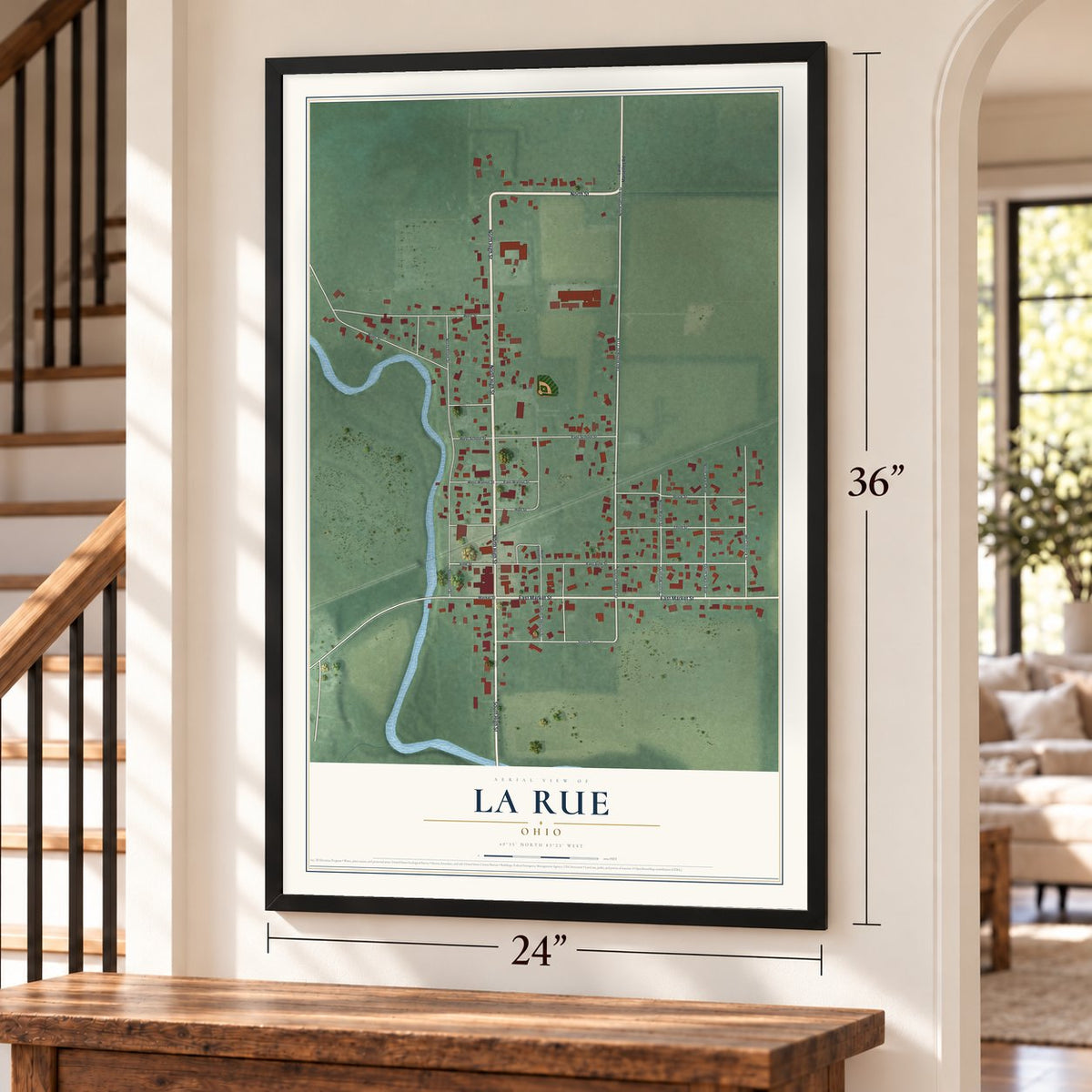 La Rue, Ohio map, 24 x 36 inch print in a black frame by a staircase