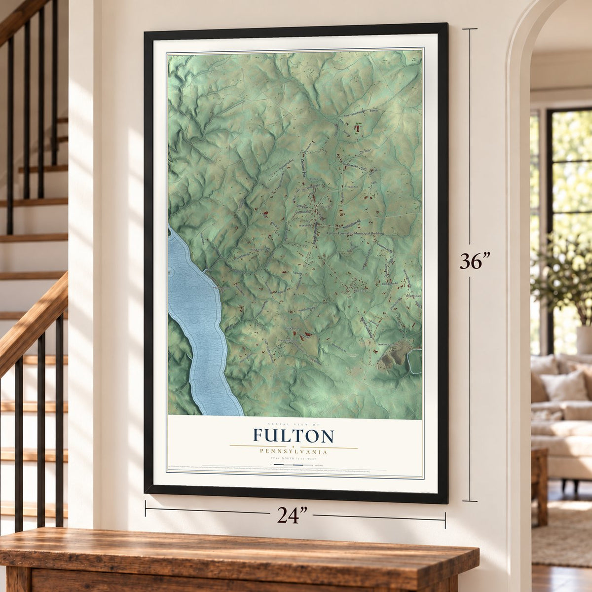 Fulton, Pennsylvania map, 24 x 36 inch print in a black frame by a staircase