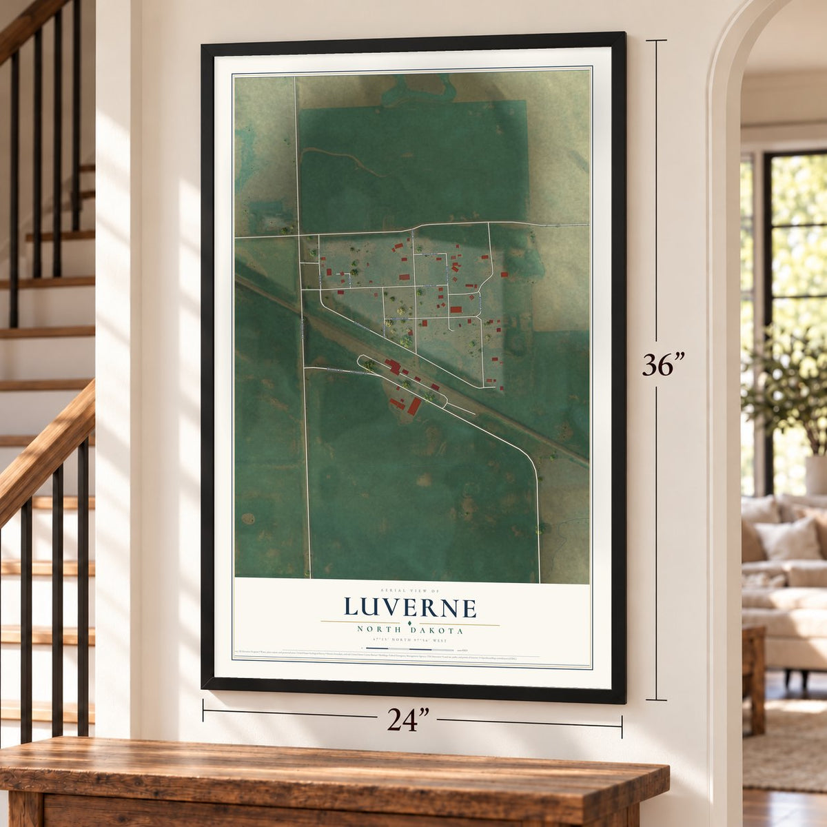 Luverne, North Dakota map, 24 x 36 inch print in a black frame by a staircase