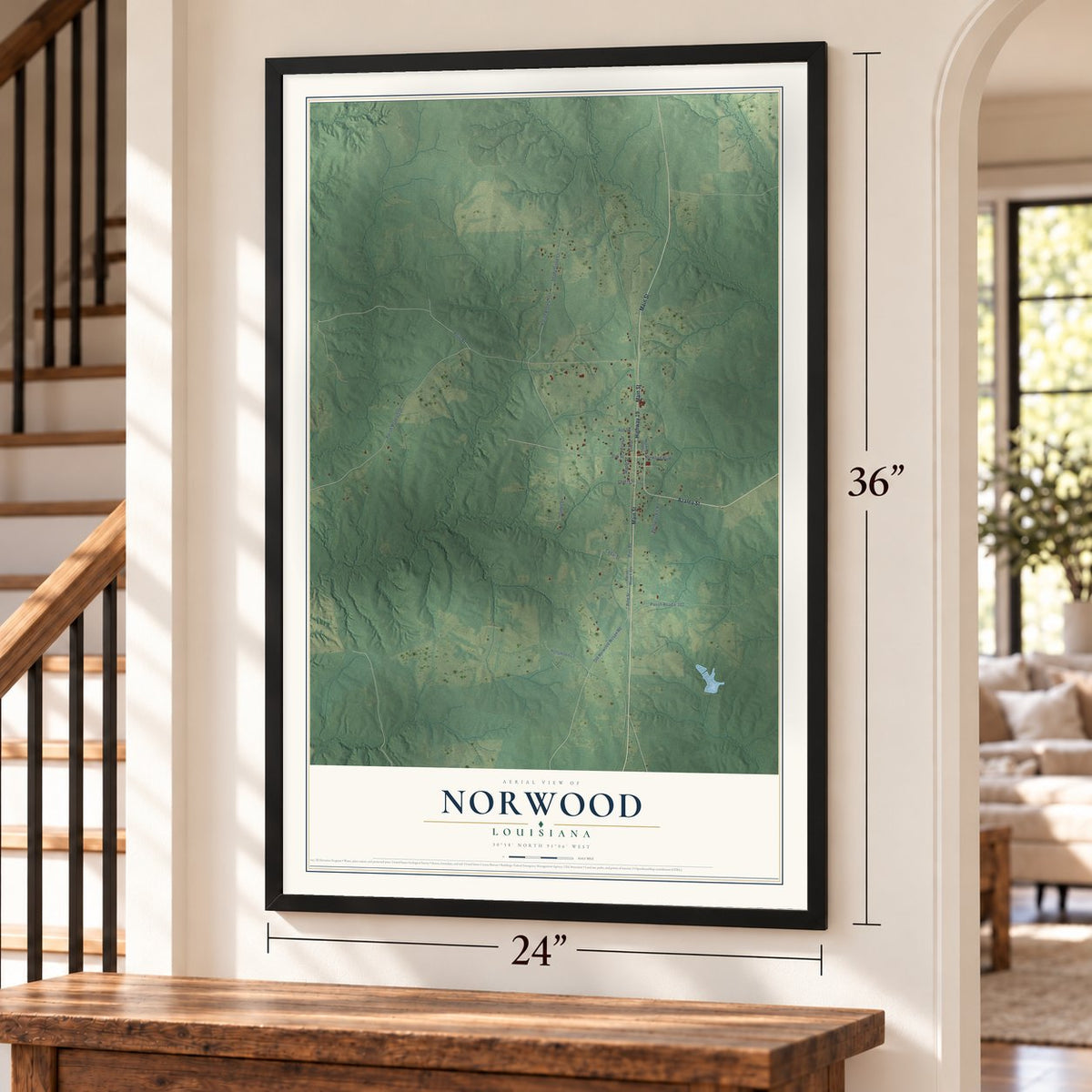 Norwood, Louisiana map, 24 x 36 inch print in a black frame by a staircase