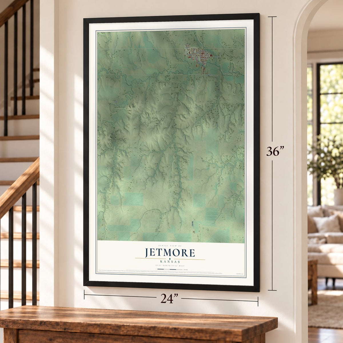 Jetmore, Kansas map, 24 x 36 inch print in a black frame by a staircase