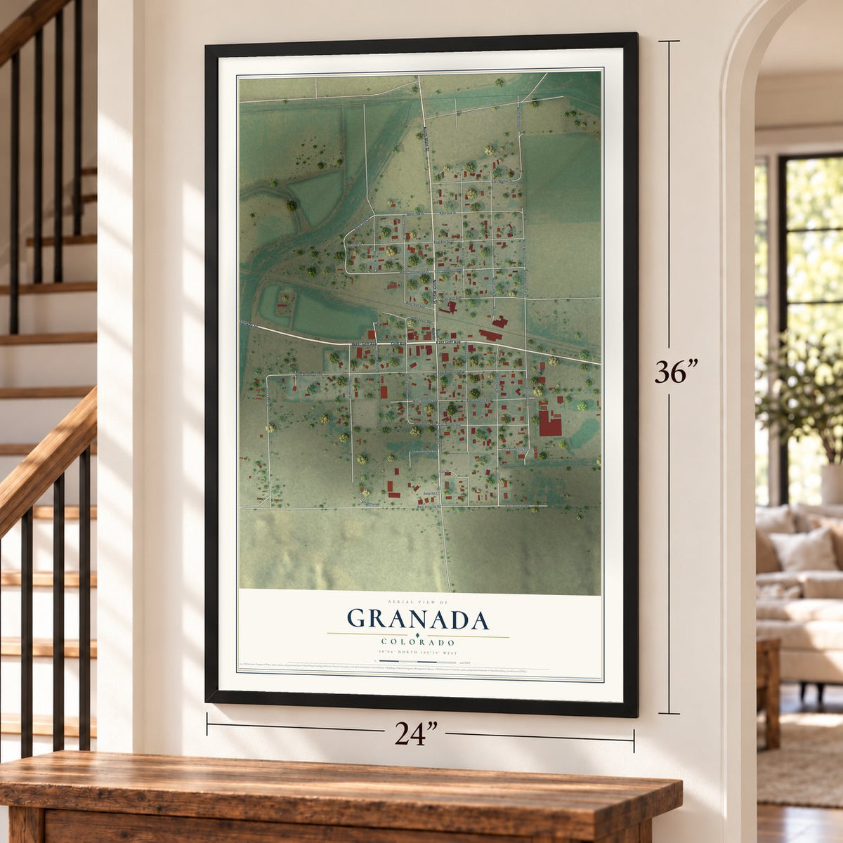 Granada, Colorado map, 24 x 36 inch print in a black frame by a staircase
