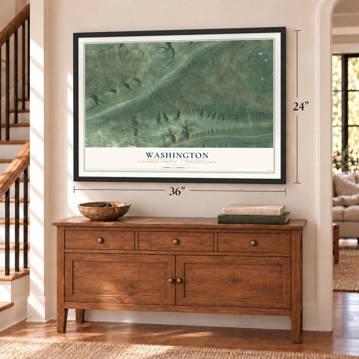 Washington, Lycoming County, Pennsylvania map, 24 x 36 inch print in a black frame above a dresser by a staircase