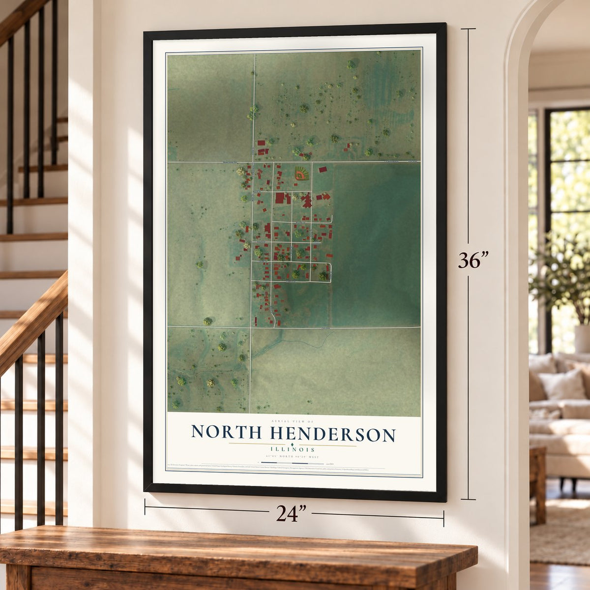 North Henderson, Illinois map, 24 x 36 inch print in a black frame by a staircase