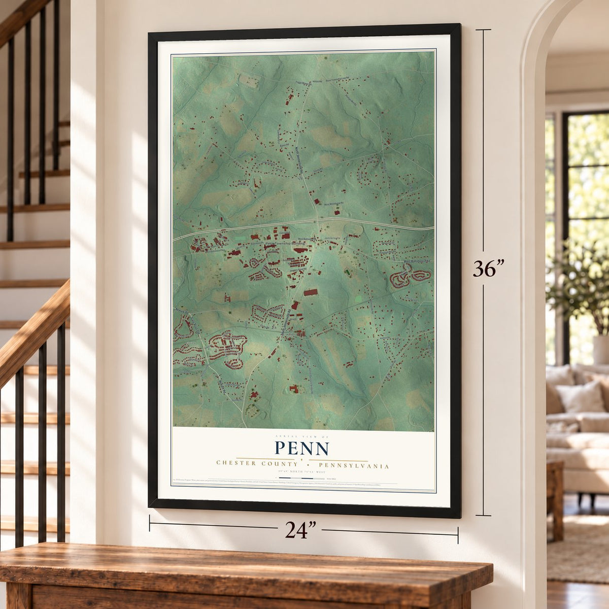 Penn, Chester County, Pennsylvania map, 24 x 36 inch print in a black frame by a staircase