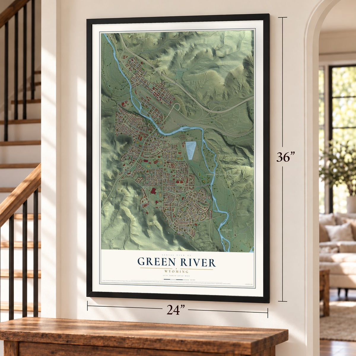 Green River, Wyoming map, 24 x 36 inch print in a black frame by a staircase